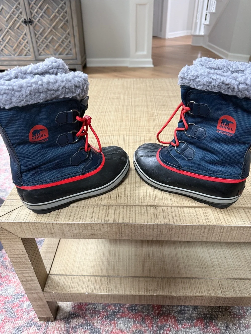 Kids Winter Snow Boots - Navy with Red Laces
